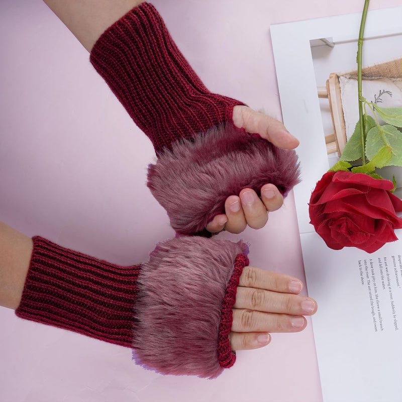 cnomg Winter Faux Fur Fingerless Gloves Faux Fur Half Finger Warmers Fingerless Gloves for Women Girls Working Writing - Image 4